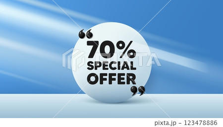 70 percent discount offer tag. Circle frame, product stage background. Sale price promo sign. Special offer symbol. Discount round frame message. Minimal design offer scene. 3d comma quotation. Vector 70 percent discount offer tag. Circle frame, product stage background. Sale price promo sign. Special offer symbol. Discount round frame message. Minimal design offer scene. 3d comma quotation. Vector 123478886