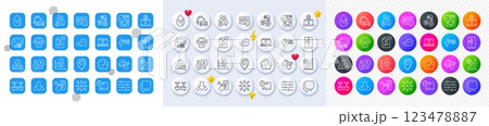 Filter, Chart and Communication line icons. Square, Gradient, Pin 3d buttons. AI, QA and map pin icons. Pack of Star, Manual, Resume document icon. Vector 123478887