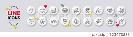 Sale tag, Sunglasses and World travel line icons. White buttons 3d icons. Pack of Sunscreen, Snowman, Vip chip icon. Luggage insurance, Fireworks rocket, Heart pictogram. Vector 123478888