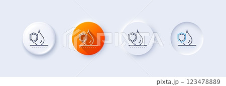Waterproof line icon. Neumorphic, Orange gradient, 3d pin buttons. Water resistant sign. Drop protection symbol. Line icons. Neumorphic buttons with outline signs. Vector 123478889