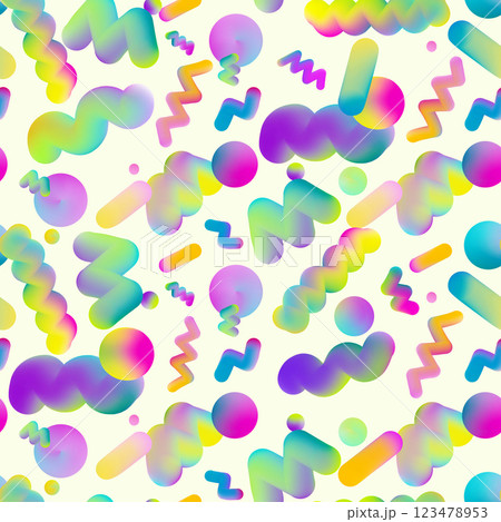 Funny abstract seamless pattern in retro memphis style. Trendy colorful fluid elements with holographic effect. Geometric decoration for wrapping, branding identity, graphic design. 123478953