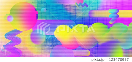 Trendy spectral background with memphis holographic amorphous shapes, glitched interference effect. Contemporary abstract graphic design template. Trendy spectral background with memphis holographic amorphous shapes, glitched interference effect. Contemporary abstract graphic design template. 123478957