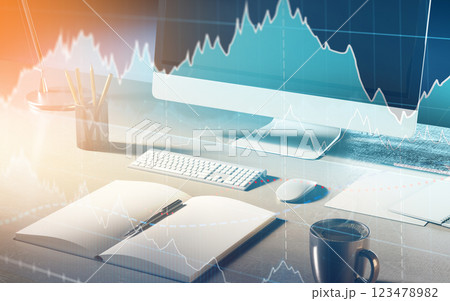 3d rendering stock market concept. Multi exposured illustration of freelance workplace and computer screen. Online financial analysis. 123478982