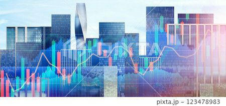 Abstract double exposured forex chart in front of business district. Modern architecture skyline. Financial growth concept. Chart with uptrend line graph 123478983