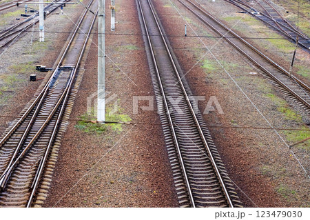 A large collection of train tracks runs through an expansive field A large collection of train tracks runs through an expansive field 123479030
