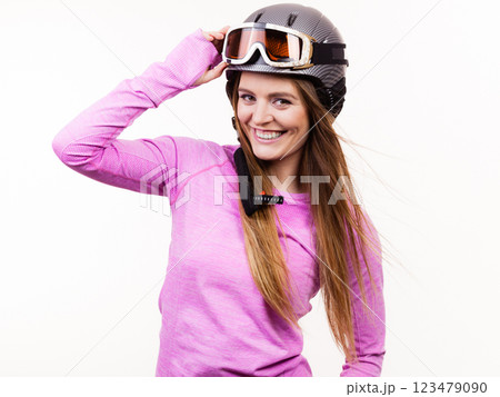 Woman with sporty helmet. Woman with sporty helmet. 123479090