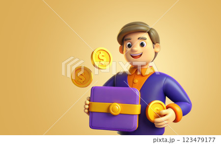 3D illustration style with joyful young man holding a purple wallet with golden coins. Cartoon character for education, advertising, banks, financial literacy flyers and banners. 123479177