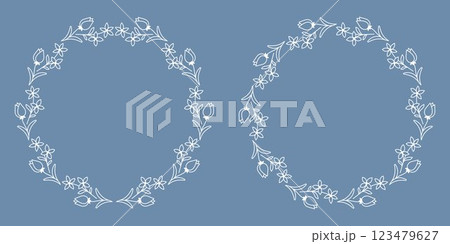 Elegant Floral Wreath with White Line Art on Blue Background. Frame with Wildflowers and Tulip Buds, Decorative Ornament for Design. Editable Stroke. Elegant Floral Wreath with White Line Art on Blue Background. Frame with Wildflowers and Tulip Buds, Decorative Ornament for Design. Editable Stroke. 123479627