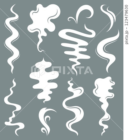 Collection of White Smoke and Vapor Swirls. Elegant and Abstract Set of Incense, Steam, and Fragrance Symbols on a Subtle Grey Background, Representing Aroma, Relaxation, and Airy Motion 123479630