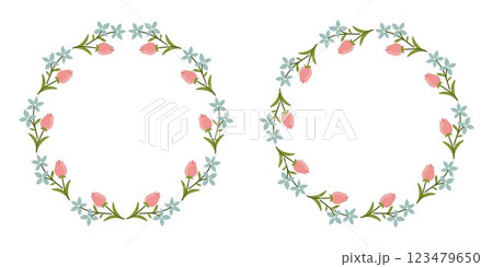 Floral Wreath Frame with Pink Tulip Buds and Blue Flowers. Elegant Botanical Circle Design for Invitations and Cards. For Wedding Invitations, Greeting Cards, Easter and Women's Day Designs Floral Wreath Frame with Pink Tulip Buds and Blue Flowers. Elegant Botanical Circle Design for Invitations and Cards. For Wedding Invitations, Greeting Cards, Easter and Women's Day Designs 123479650