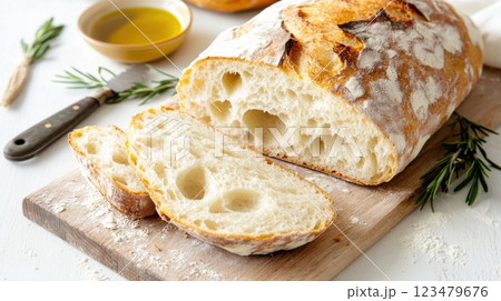 Golden, crusty ciabatta torn open to reveal airy texture. Set on a rustic wooden surface with olive oil, thyme, and flour. Dramatic lighting enhances the cozy, artisanal vibe Golden, crusty ciabatta torn open to reveal airy texture. Set on a rustic wooden surface with olive oil, thyme, and flour. Dramatic lighting enhances the cozy, artisanal vibe 123479676