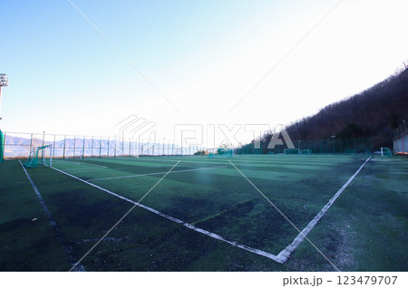Soccer field. Artificial grass soccer field. 123479707