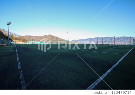 Soccer field. Artificial grass soccer field. Soccer field. Artificial grass soccer field. 123479714