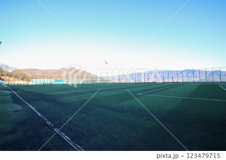 Soccer field. Artificial grass soccer field. Soccer field. Artificial grass soccer field. 123479715