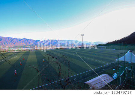 Soccer field. Artificial grass soccer field. 123479717