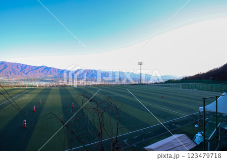 Soccer field. Artificial grass soccer field. 123479718