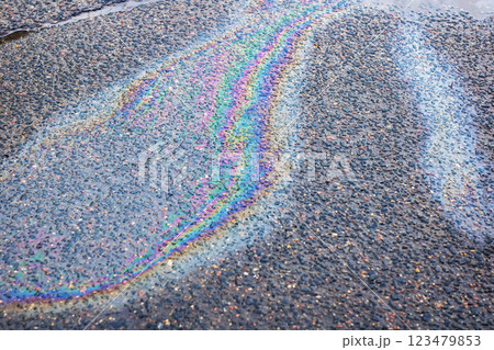 There is a beautiful rainbow reflected in the water on the ground 123479853