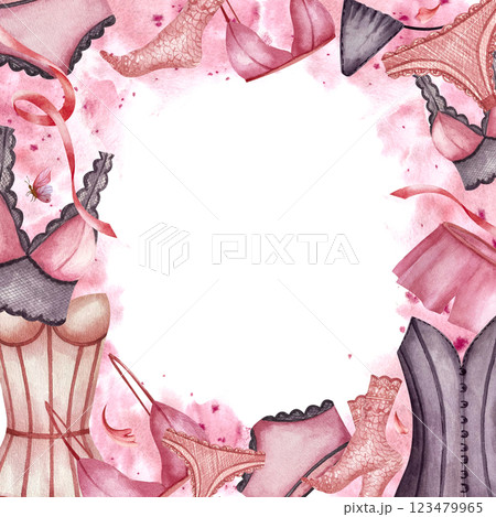 Frame with lingerie, lace socks, women Corsets and pyjamas, panties. Watercolor illustration isolated from background. Postcard. For wrapping paper, packaging in underwear store, business card, logo 123479965
