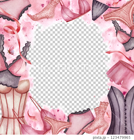 Frame with lingerie, lace socks, women Corsets and pyjamas, panties. Watercolor illustration isolated from background. Postcard. For wrapping paper, packaging in underwear store, business card, logo 123479965