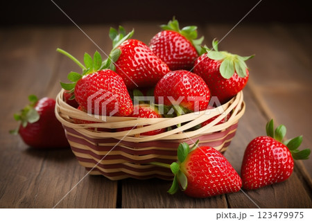 Red ripe strawberries in basket on brown wooden background 123479975