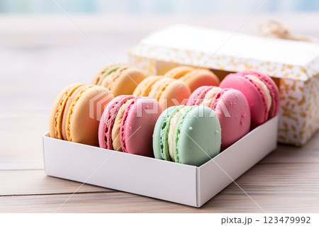 Colorful macarons dessert in box on wooden background 123479992