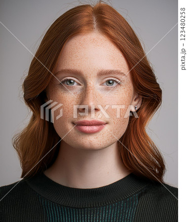 Serene Young Woman with Enigmatic Gaze 123480258