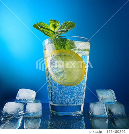 Refreshing Lemon Water with Mint Bubbles Refreshing Lemon Water with Mint Bubbles 123480291