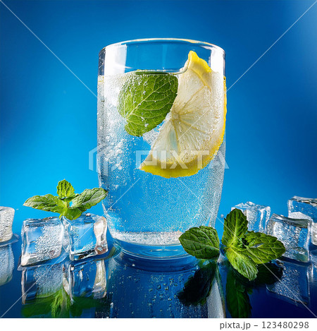 Refreshing Lemon Water with Mint Bubbles 123480298