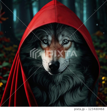 A dog under a red cape sits in the forest.  123480468