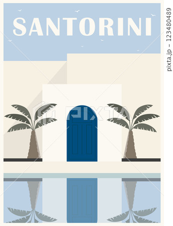 Greek town view flat color vector illustration. Summer holiday in Greece. Mediterranean European culture 123480489
