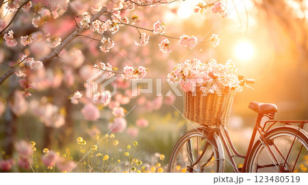 Springtime bicycle with flower basket against blooming cherry trees at sunset. 123480519