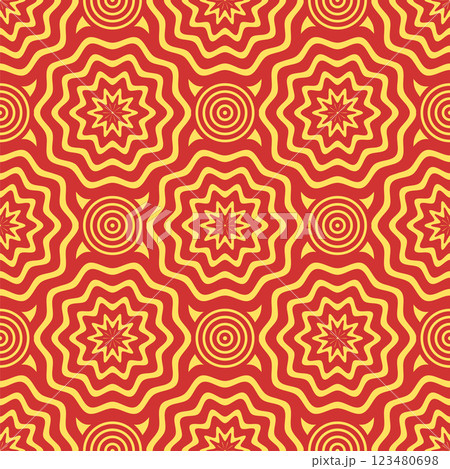 Vector Japanese seamless pattern in oriental geometric traditional style. Festive ornament for lunar chinese new year decoration. Red and golden asian creative motif. Abstract Waves and Circles 123480698