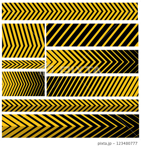 Vector Warning Tapes Set. Yellow and Black Danger Caution Sign. Striped Transition Abstract Strict Barrier. Diagonal Striped Lines. Danger in Construction or on the Road 123480777