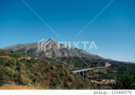 Scenic view of la concha mountain and verdant landscape under clear blue sky 123480779