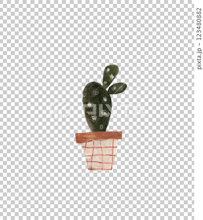 Cute cactus in a pot. Home plant hand drawn illustration watercolor pencil mixed media. Isolated on white background  123480882