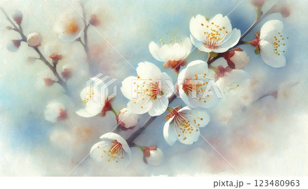 水彩風の梅の花が彩る春の静寂 123480963