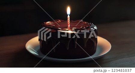 Chocolate cake with a single candle glowing in a dimly lit setting for a special celebration is ready to be enjoyed 123481037