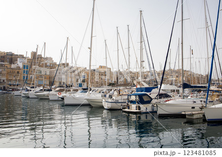 Bay with yachts between Birgu and Senglea cities on Malta 123481085