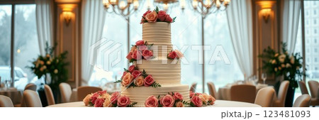 Elegant white wedding cake adorned with fresh roses in a luxurious venue 123481093