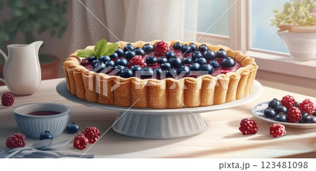 Delicious berry tart displayed on a table with fresh berries nearby and a sunny window view 123481098