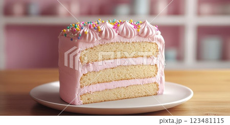 Delicious pink frosted cake with colorful sprinkles on display in a bright kitchen setting 123481115
