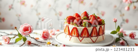 Delicious strawberry cheesecake adorned with fresh strawberries and floral decorations on a charming table 123481233