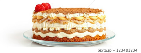 Delicious layered cake with cream and raspberries on a clear plate ideal for dessert gatherings or celebrations 123481234