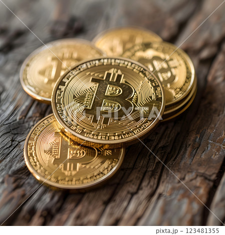 Highres image of golden Bitcoin coins on wooden background symbolizes finance, investment, cryptocurrency themes, reflecting wealth, technology, decentralized economy concepts 123481355