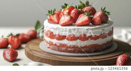 Delicious strawberry shortcake adorned with fresh strawberries on a wooden serving platter 123481356