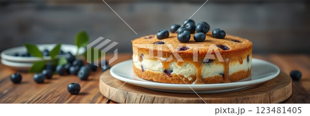 Homemade blueberry cake with fresh berries served on a wooden table under warm light 123481405