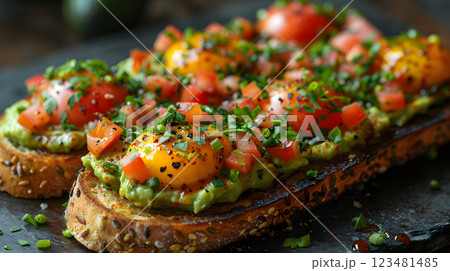 Indulge in a delightful avocado toast adorned with cherry tomatoes, chives, and black sesame seeds for a nutritious meal. Ideal for a wholesome breakfast or a tasty snack Indulge in a delightful avocado toast adorned with cherry tomatoes, chives, and black sesame seeds for a nutritious meal. Ideal for a wholesome breakfast or a tasty snack 123481485