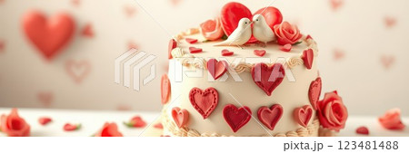 Delicious heart-themed cake decorated with roses and love birds for a romantic celebration 123481488
