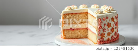Delicious layered cake with intricate frosting design showcased on a marble countertop 123481530