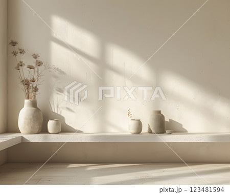 The room has a serene and minimalistic vibe with natural light, clay vases, dried flowers, creating a peaceful and artistic ambiance, ideal for those seeking a calm and sophisticated space The room has a serene and minimalistic vibe with natural light, clay vases, dried flowers, creating a peaceful and artistic ambiance, ideal for those seeking a calm and sophisticated space 123481594